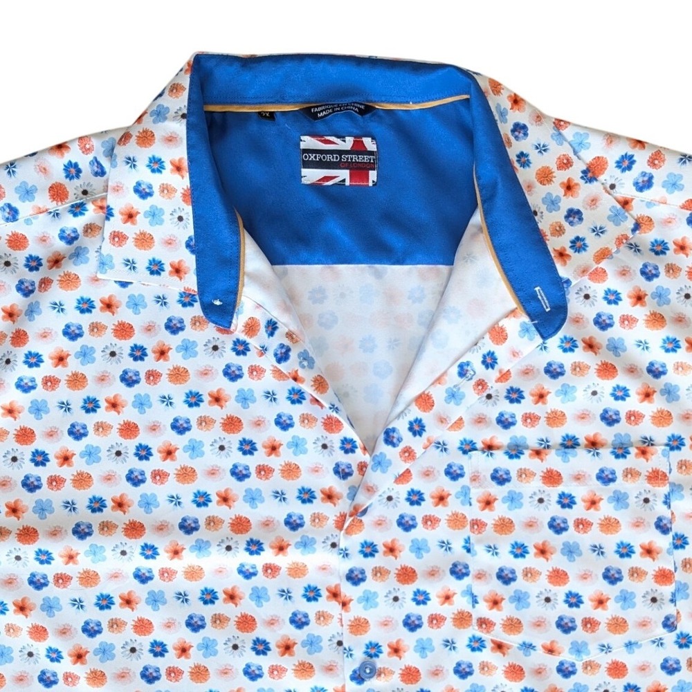 Oxford of London‎ 2XL White Blue Orange Patterned Short Sleeve Button Up Shirt